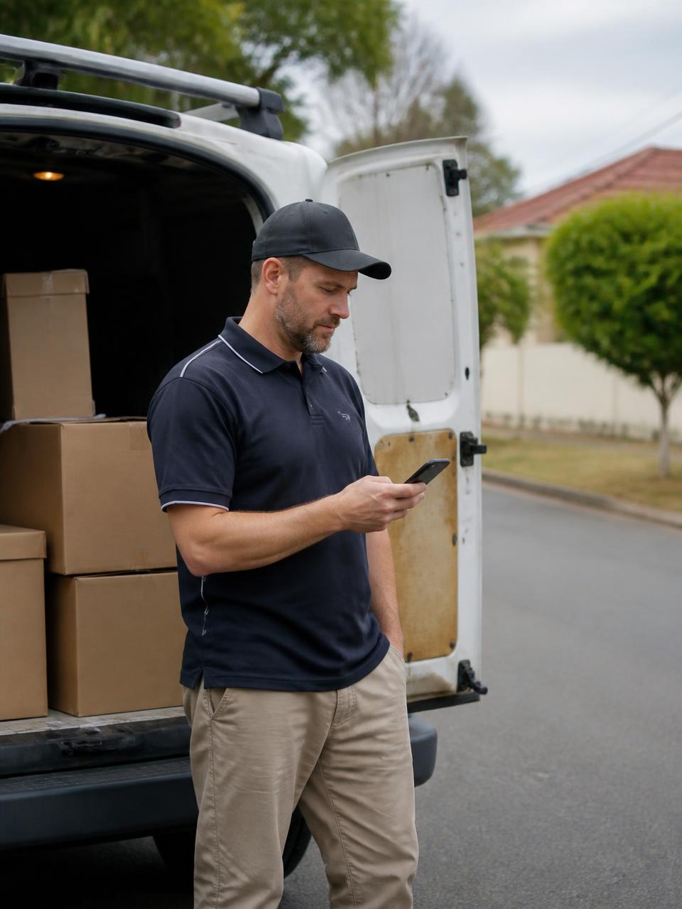 Chris, a small delivery business owner, checking his phone beside his van between drop-offs