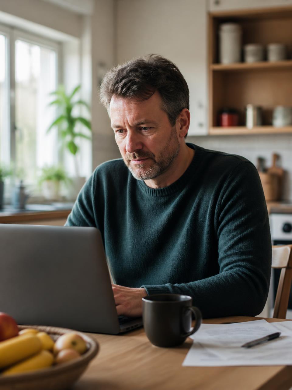 David, a patient, sitting at his kitchen table with a laptop while setting up a payment plan for his specialist bill