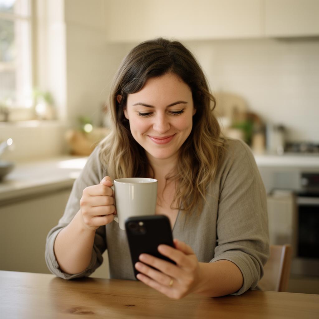 Portrait of Emma, a customer paying her water bill from her phone at her kitchen table