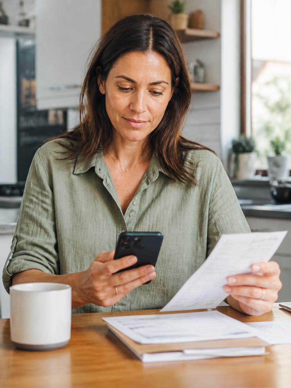 Maria, a parent of two, paying her children's school fees from her phone at her kitchen table