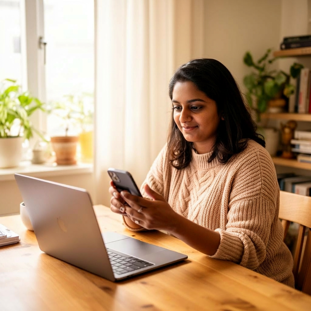 Portrait of Priya, a small business owner paying her electricity bill from her phone at her home office desk in Melbourne